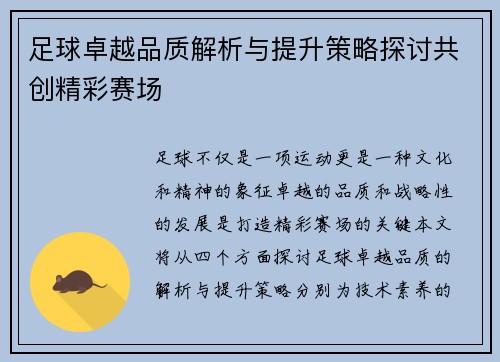 足球卓越品质解析与提升策略探讨共创精彩赛场